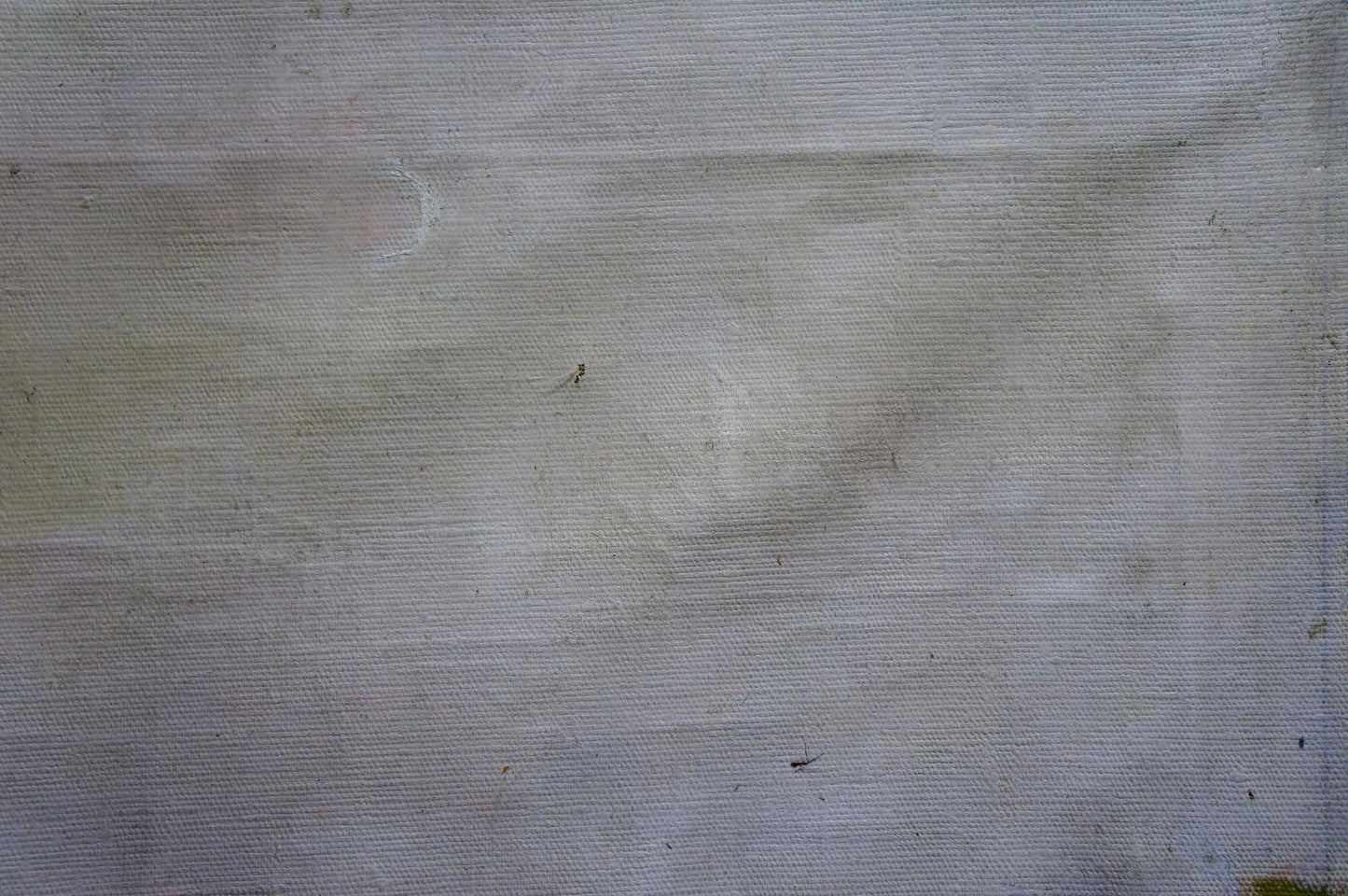 Back of oil painting Landscape Stavropol artist with worn light gray fabric texture
