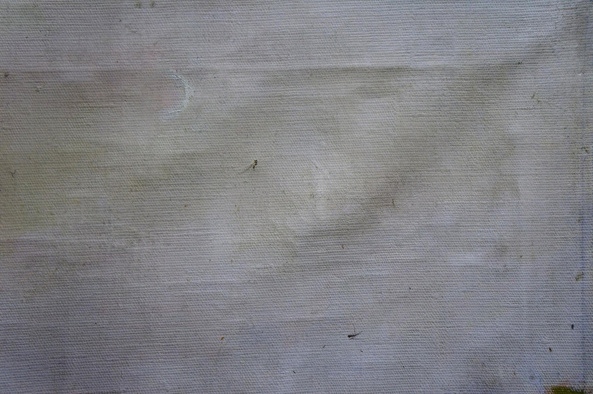 Back of oil painting Landscape Stavropol artist with worn light gray fabric texture