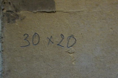 Back of Oil painting Man on horse with handwritten 30 x 20 in on beige concrete