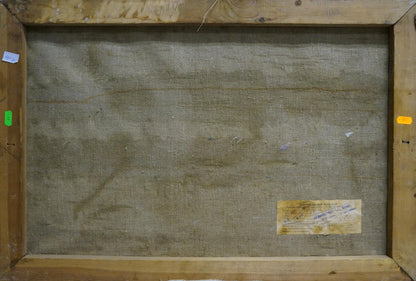 Back of framed Oil painting Landscape Stavropol artist canvas with gray fabric and screws