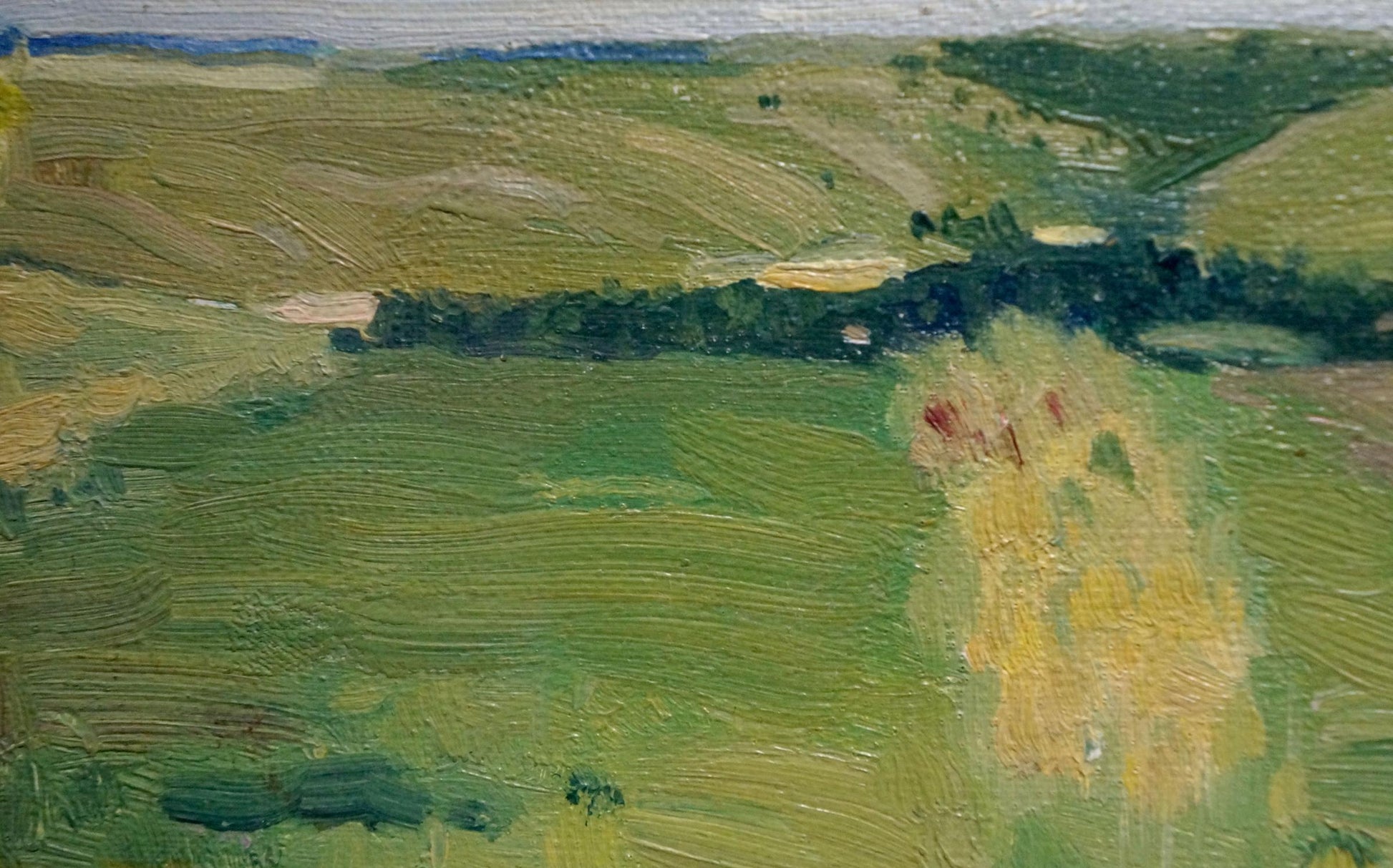 Oil painting Way Home by Trokhimenko Karp Demyanovich: textured green hills under blue sky