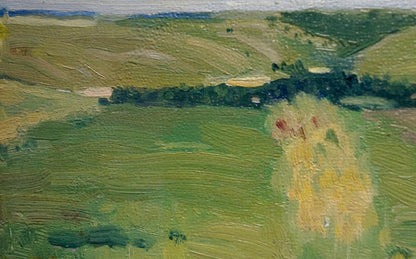 Oil painting Way Home by Trokhimenko Karp Demyanovich: textured green hills under blue sky