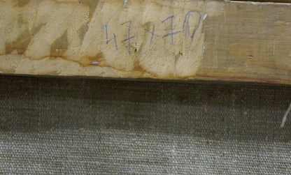 Back of oil painting Landscape Stavropol artist with weathered wooden frame and faded blue ink markings