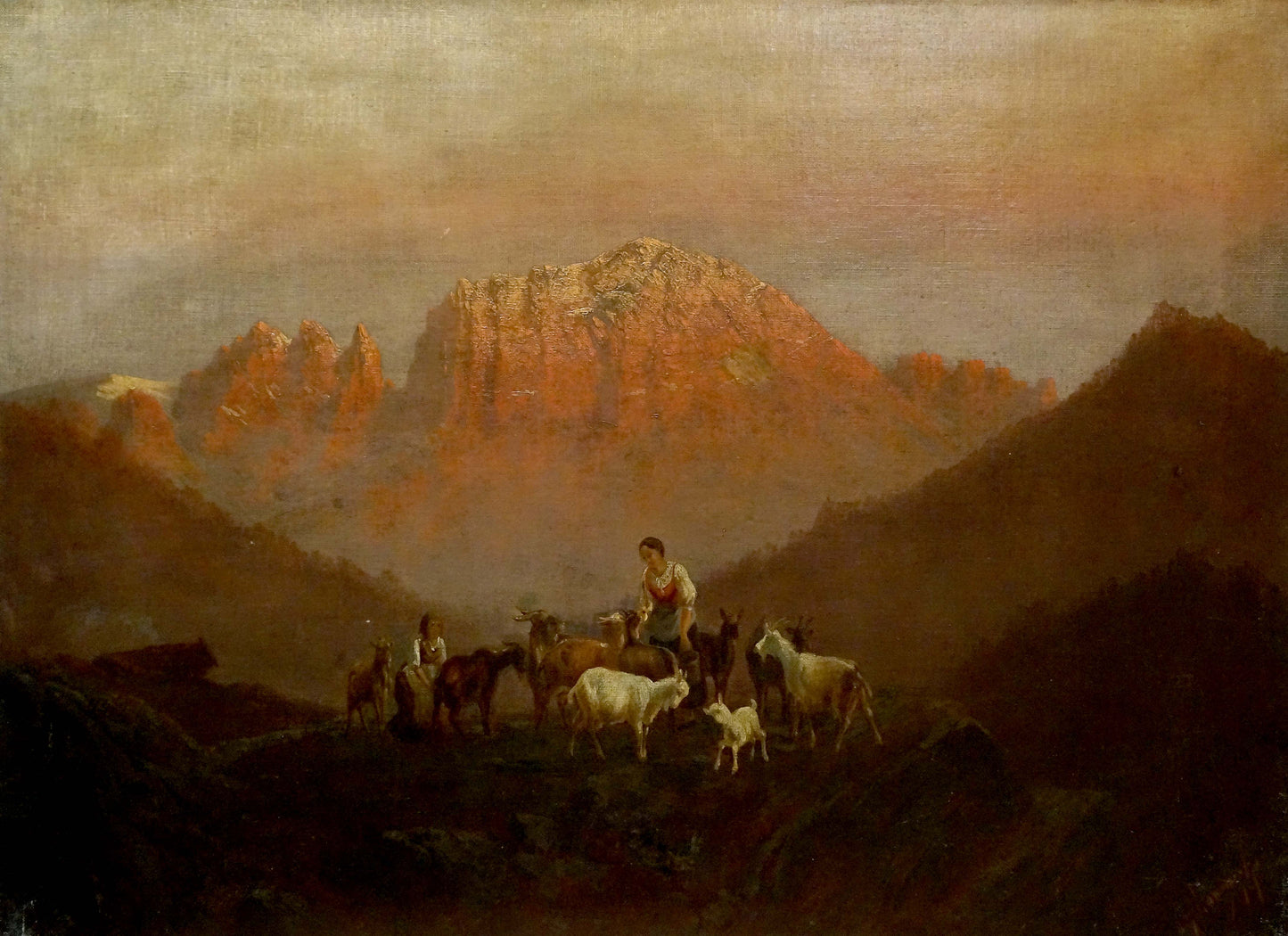 Rustic oil painting of mountainous landscape with goats and livestock