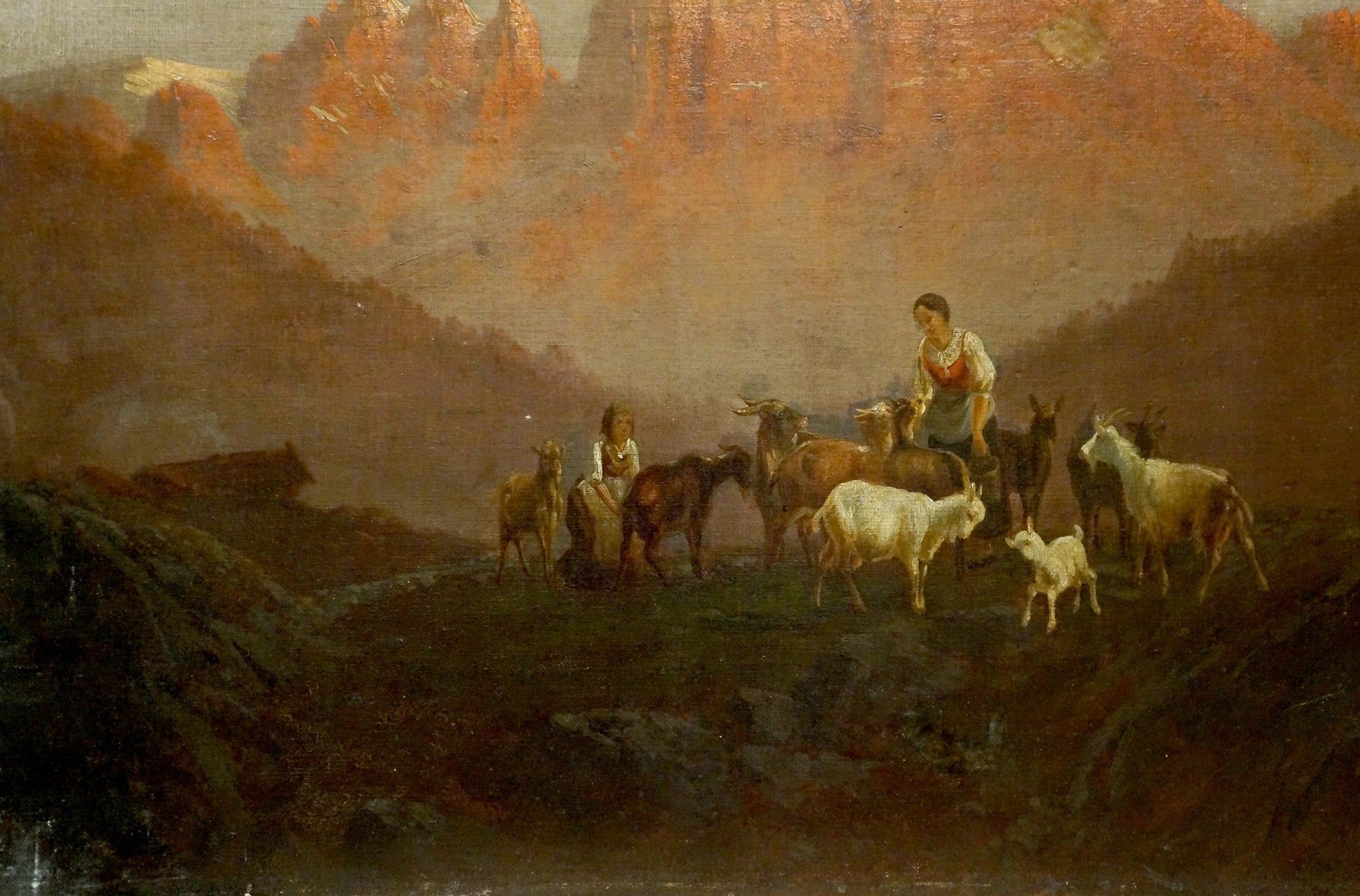 Rustic oil painting of woman in traditional attire walking goats in mountains