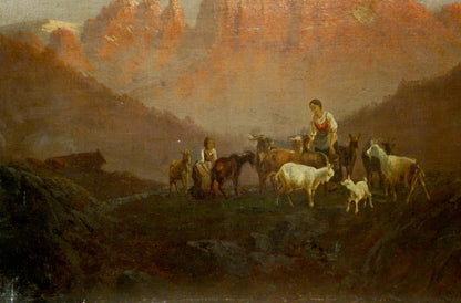 Rustic oil painting of woman in traditional attire walking goats in mountains