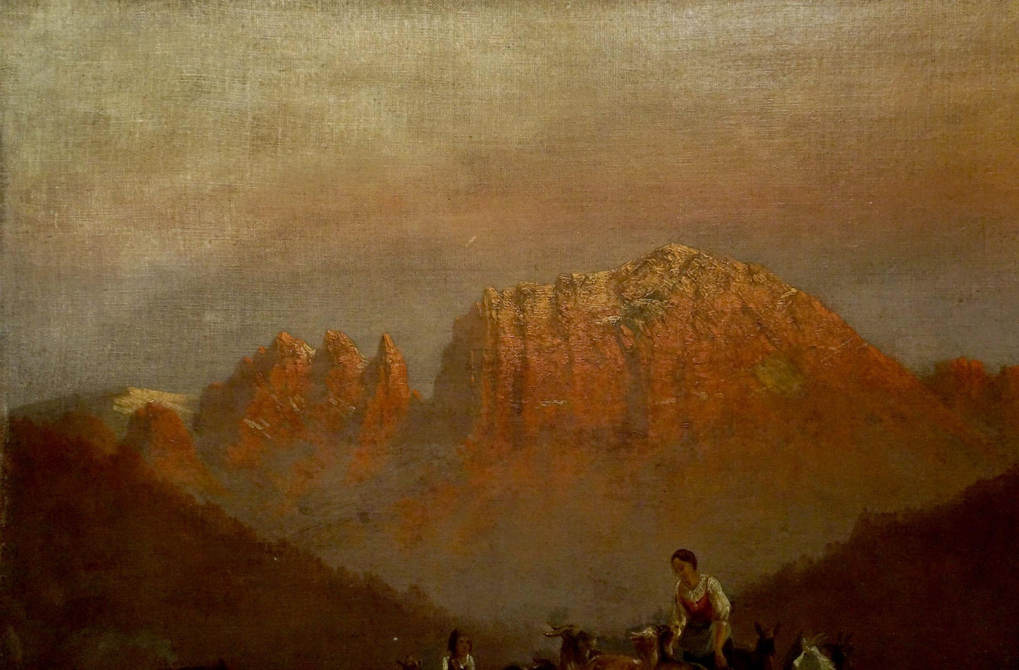 Oil painting Walking goats: rugged peaks in golden light with silhouetted figure and animals
