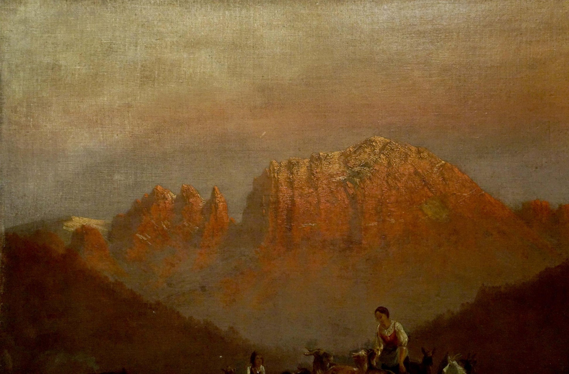 Oil painting Walking goats: rugged peaks in golden light with silhouetted figure and animals