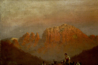 Oil painting Walking goats: rugged peaks in golden light with silhouetted figure and animals