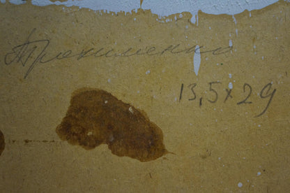 Brown irregular stain on textured beige back of oil painting Way Home by Trokhimenko Karp Demyanovich