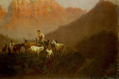 Rustic oil painting of shepherd guiding goats across sunlit mountain pass