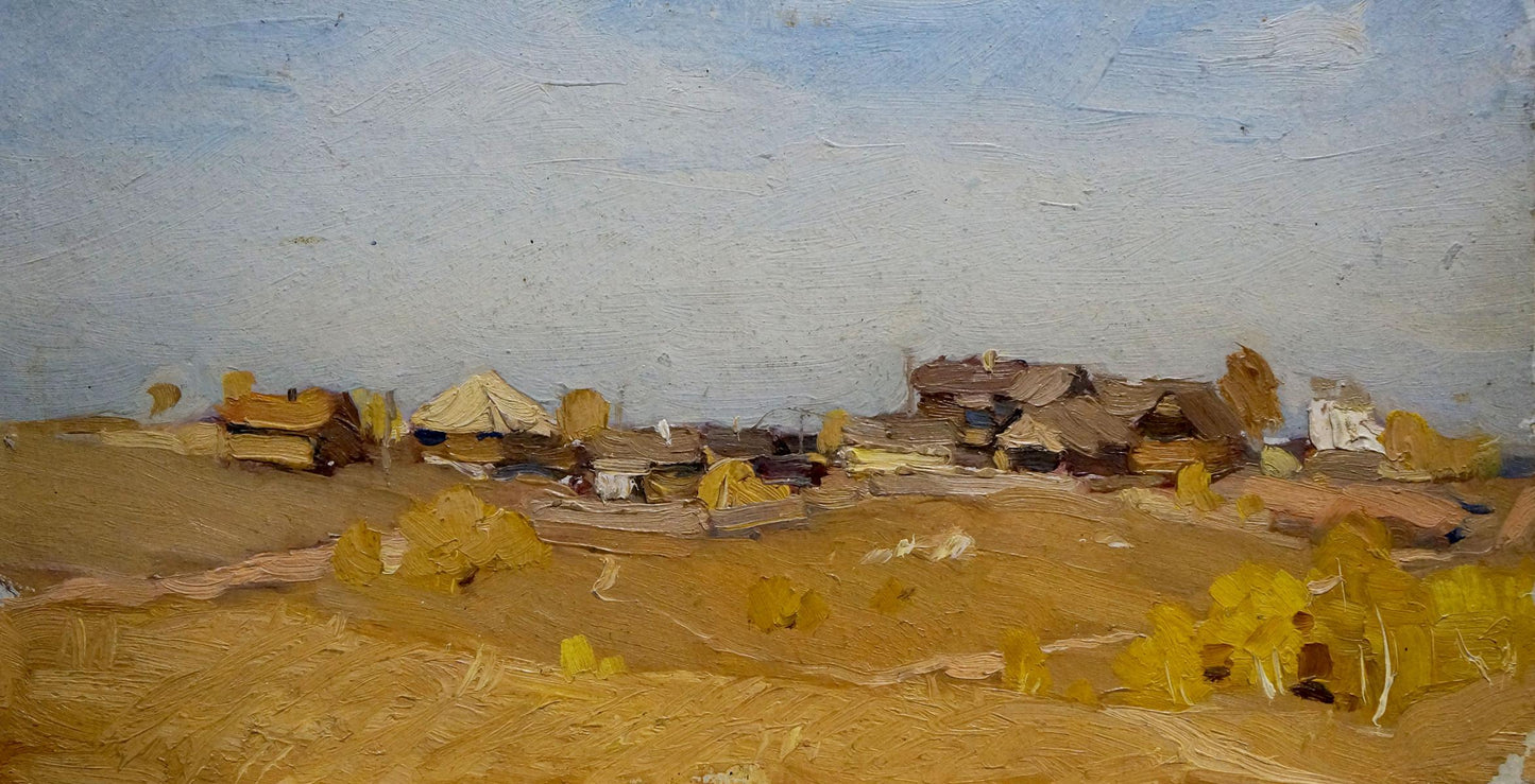 Textured oil painting of rustic village by N. Shumilkin