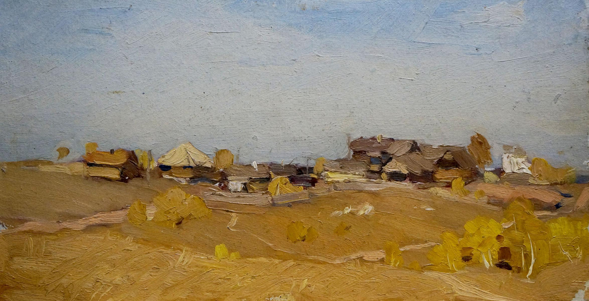 Textured oil painting of rustic village by N. Shumilkin