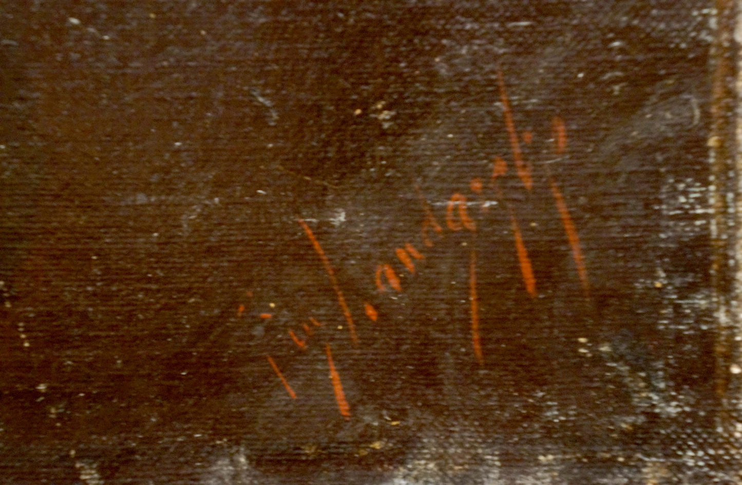 Orange signature on dark brown textured back of Oil painting Walking goats