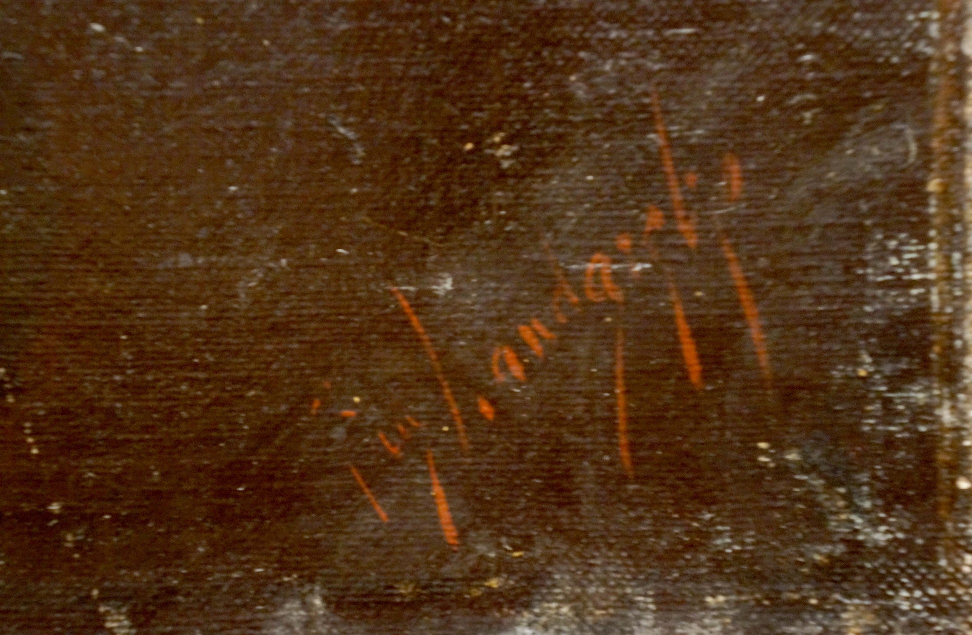 Orange signature on dark brown textured back of Oil painting Walking goats