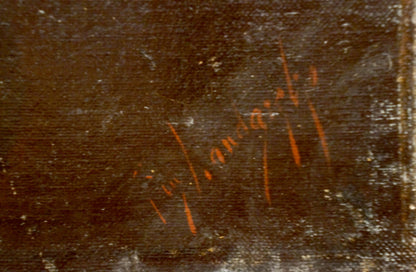 Orange signature on dark brown textured back of Oil painting Walking goats