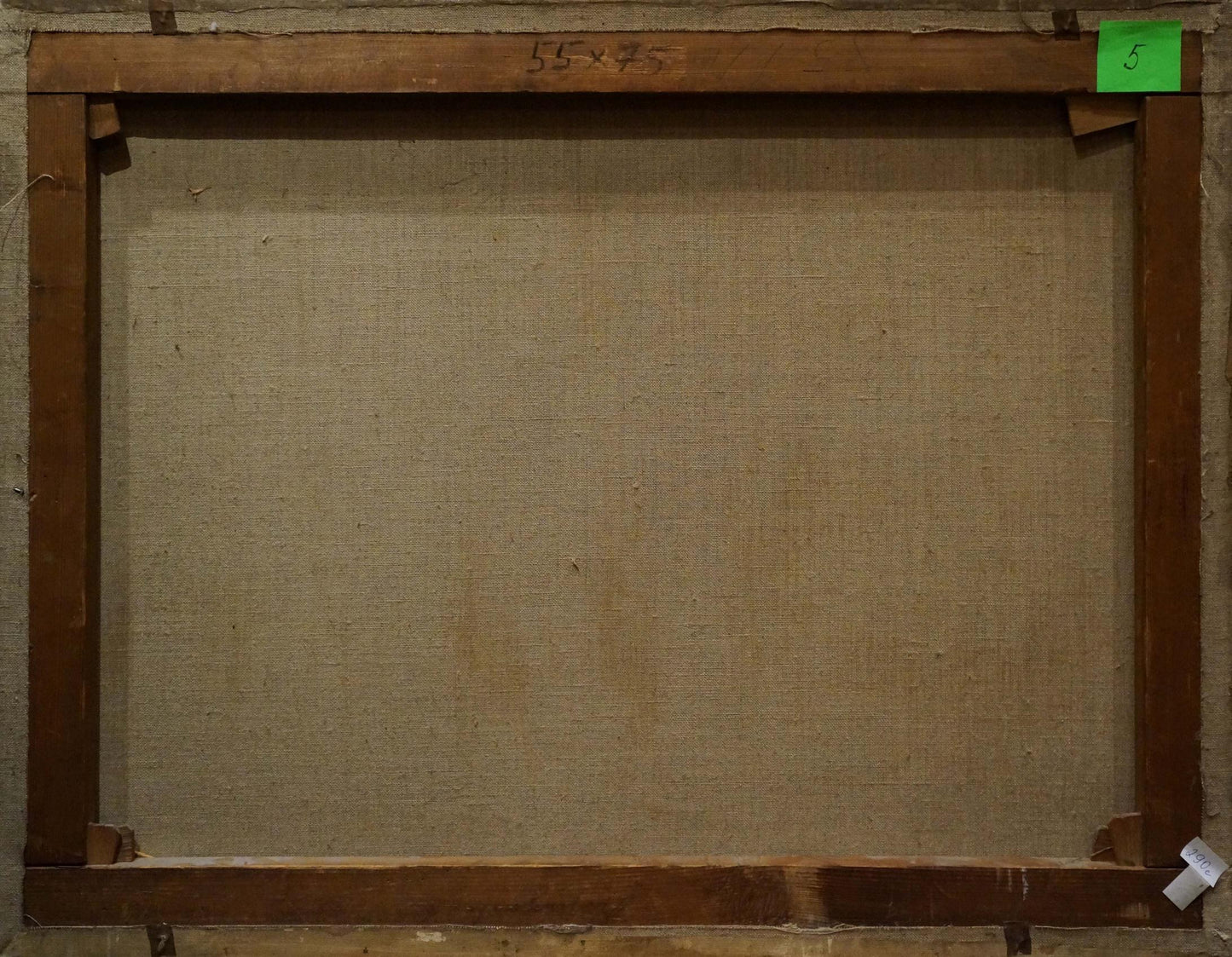 Back of Oil painting Walking goats, beige canvas 55x45 in dark wood frame
