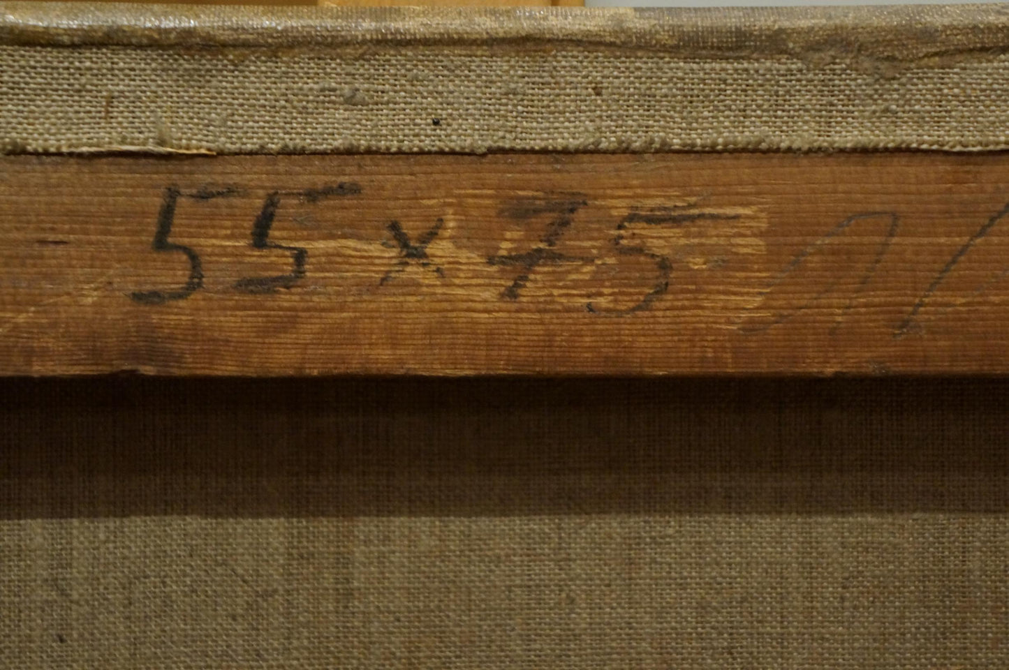 Back of oil painting Walking goats: weathered stretcher bar with 55 x 75 cm inscription