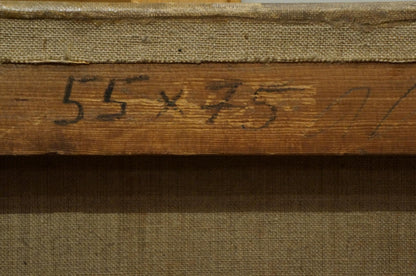 Back of oil painting Walking goats: weathered stretcher bar with 55 x 75 cm inscription
