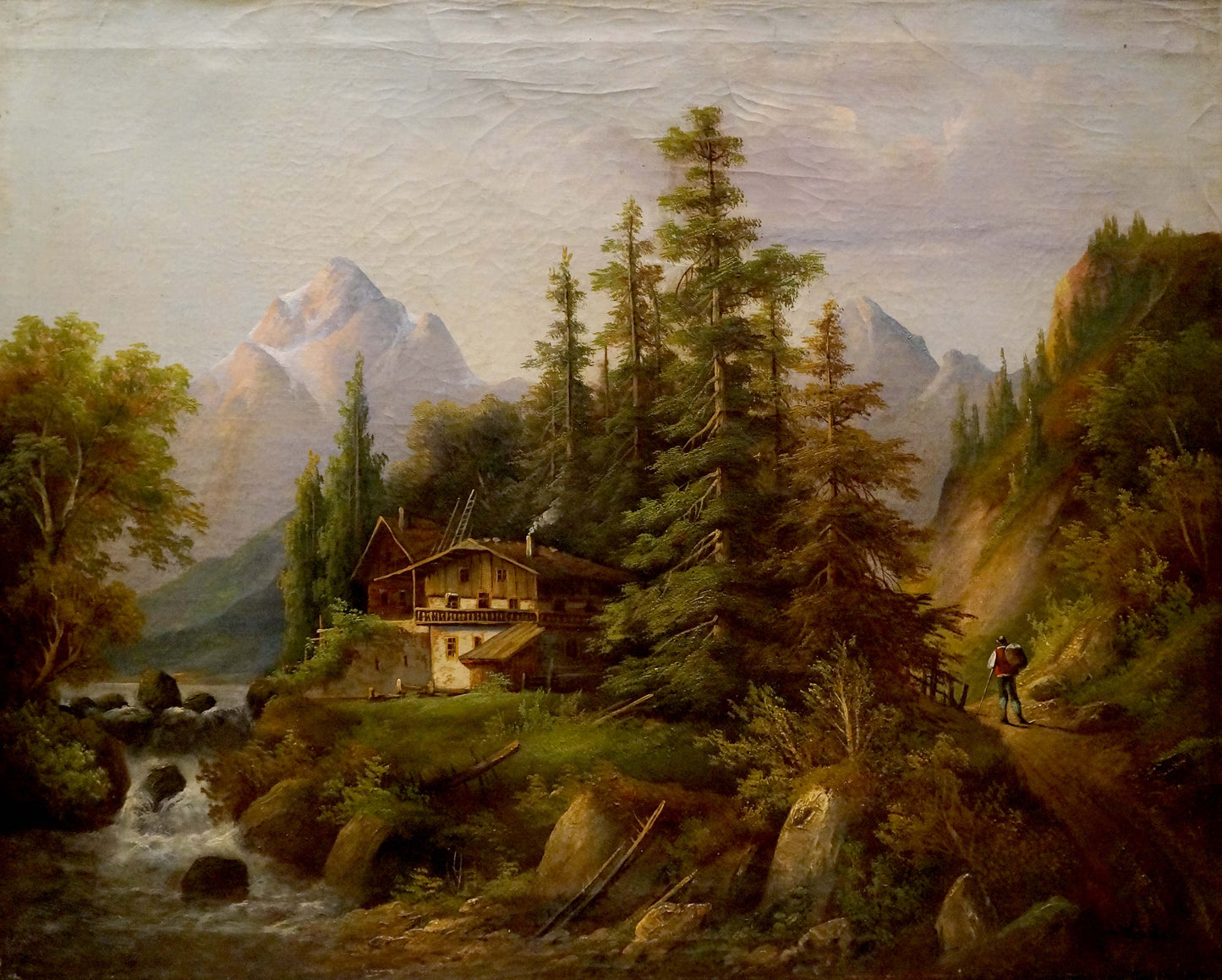 A rustic wooden cabin nestled among tall evergreen trees with a stone foundation and sloped roof, set against a backdrop of snow-capped mountains.
