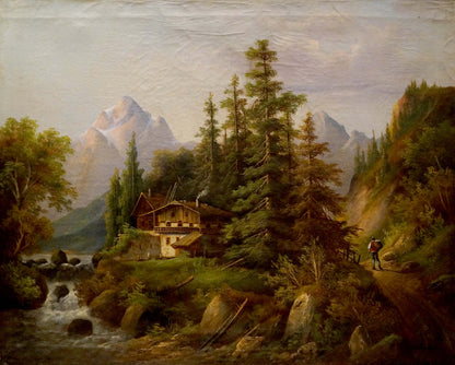 A rustic wooden cabin nestled among tall evergreen trees with a stone foundation and sloped roof, set against a backdrop of snow-capped mountains.