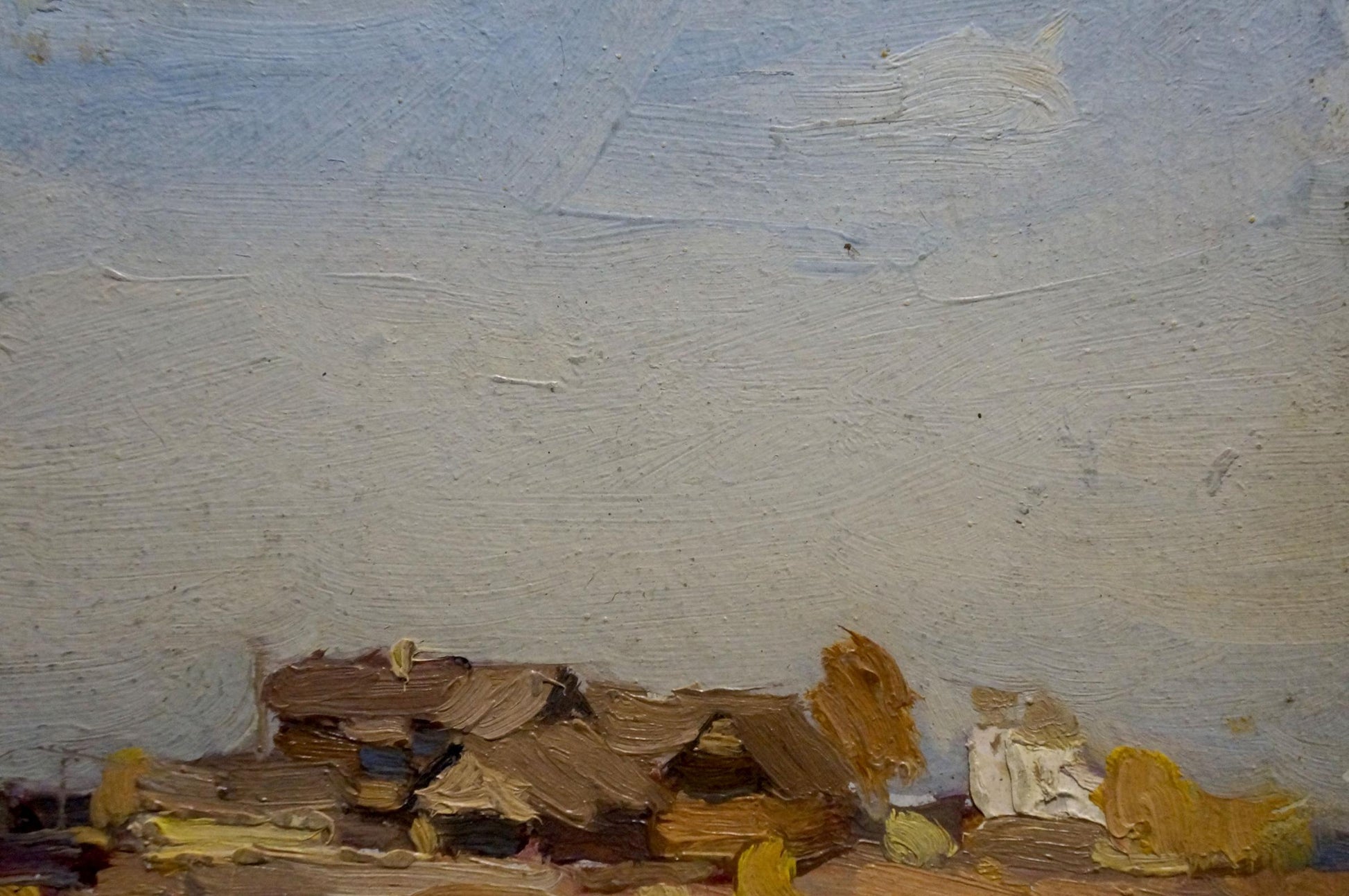 Oil painting Village by N. Shumilkin: textured brown hills, pale blue sky