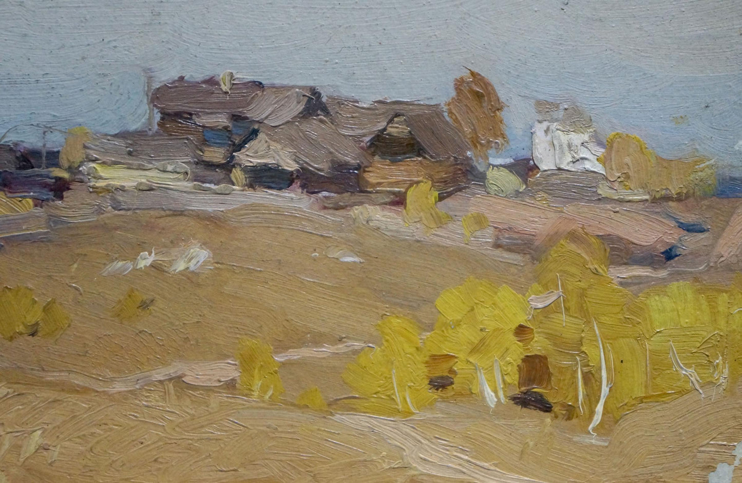 Oil painting of rustic village by N. Shumilkin, earthy tones