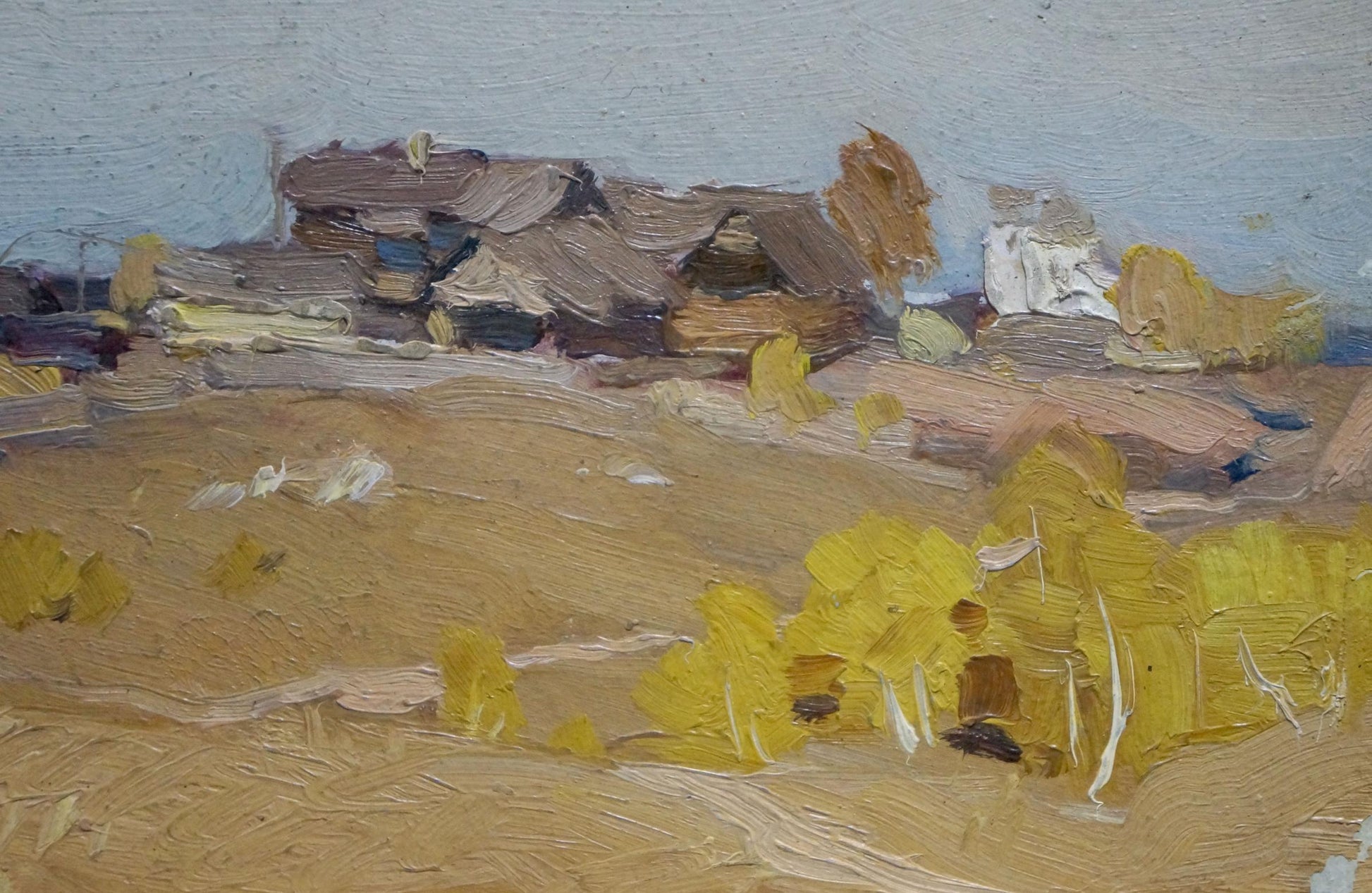 Oil painting of rustic village by N. Shumilkin, earthy tones