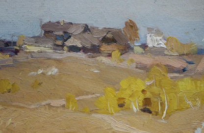 Oil painting of rustic village by N. Shumilkin, earthy tones