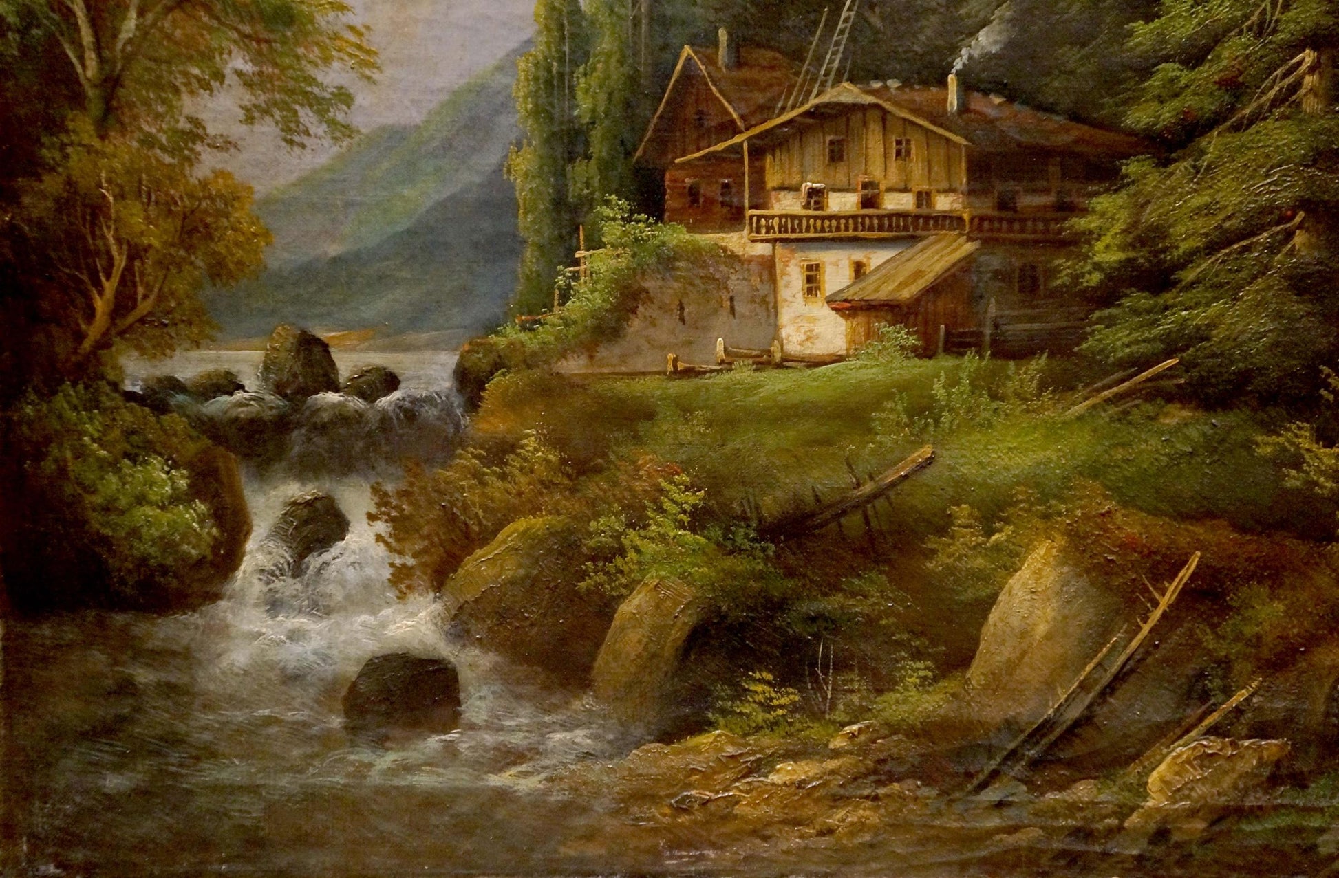 Oil painting of lonely rustic house by A. Webster in lush forest by stream