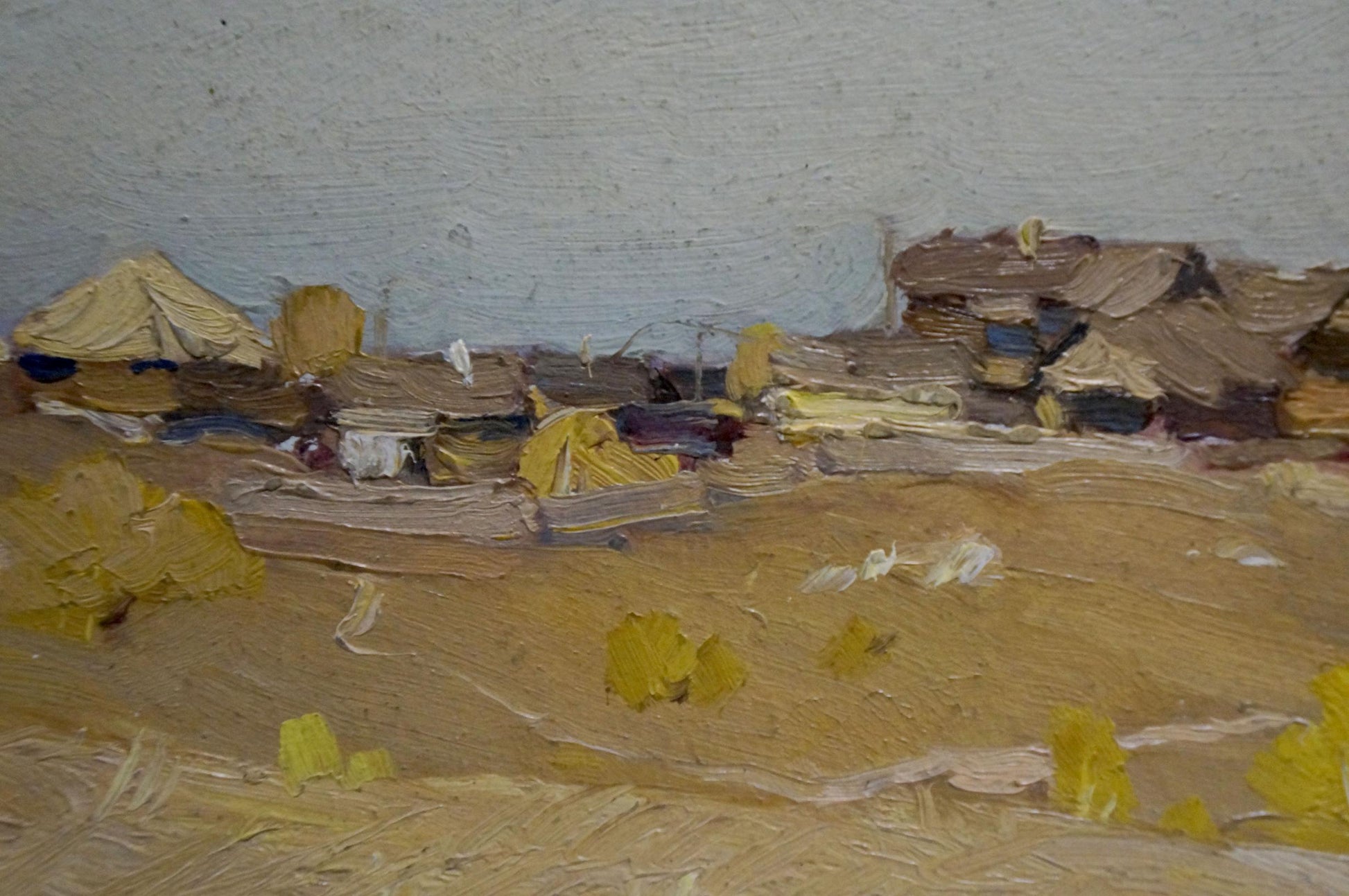 Oil painting Village by N. Shumilkin: rustic textured village scene