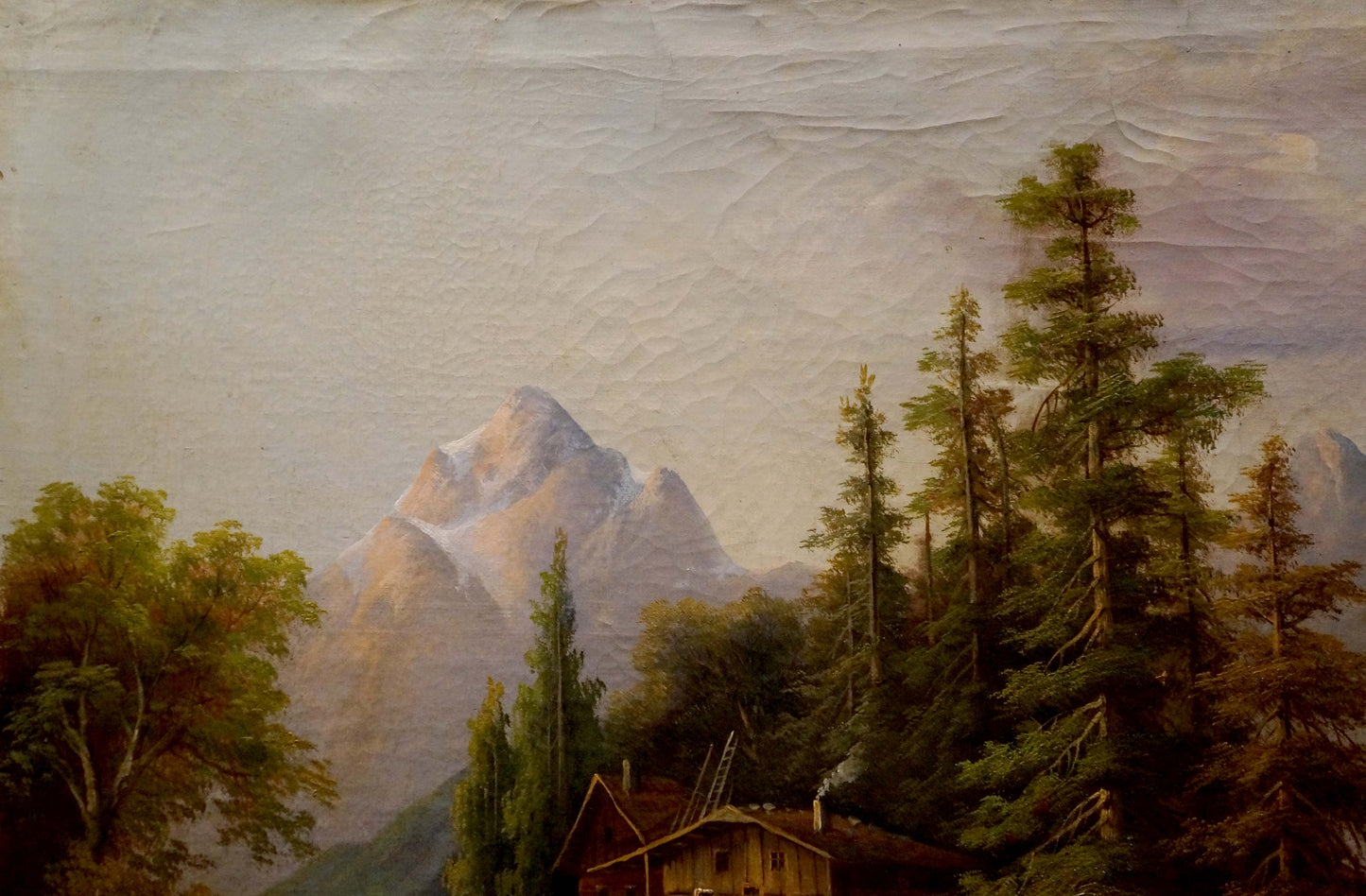 Oil painting of lonely house in forest by A. Webster, serene snowy peaks