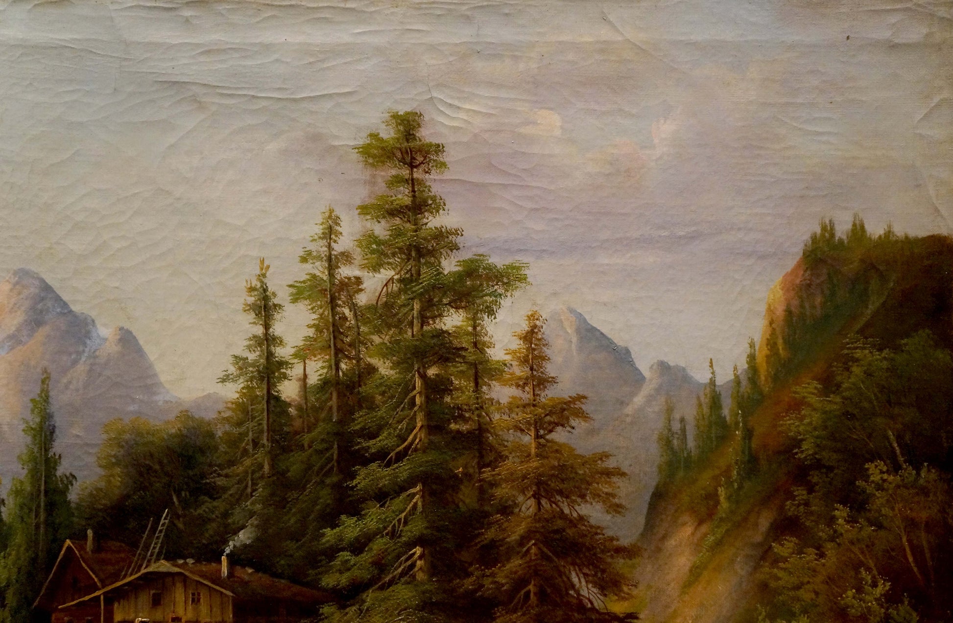 Oil painting of lonely house in forest with mountains by A. Webster