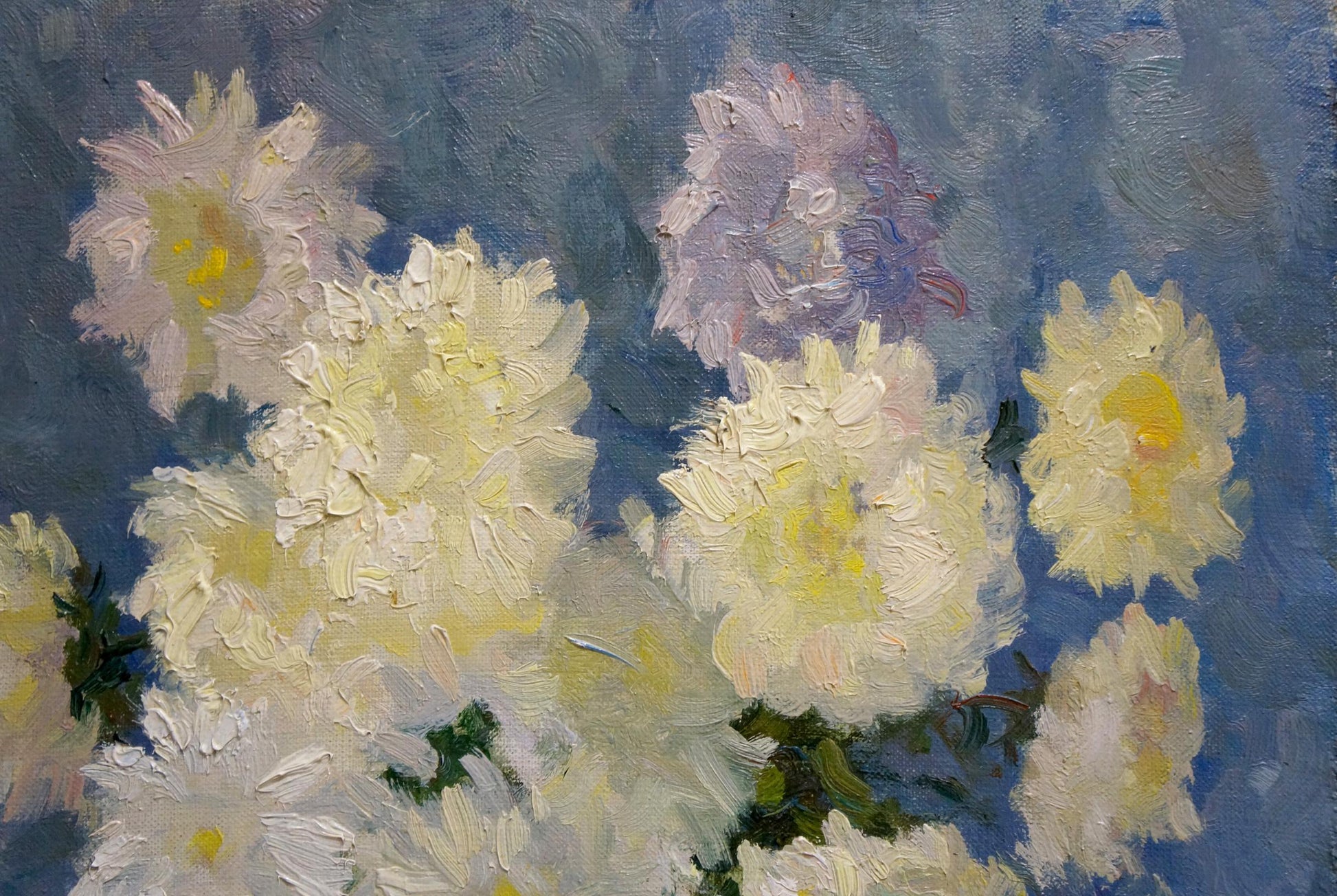 Oil painting of white pink chrysanthemums by Vasily Ignatievich Nepiypivo
