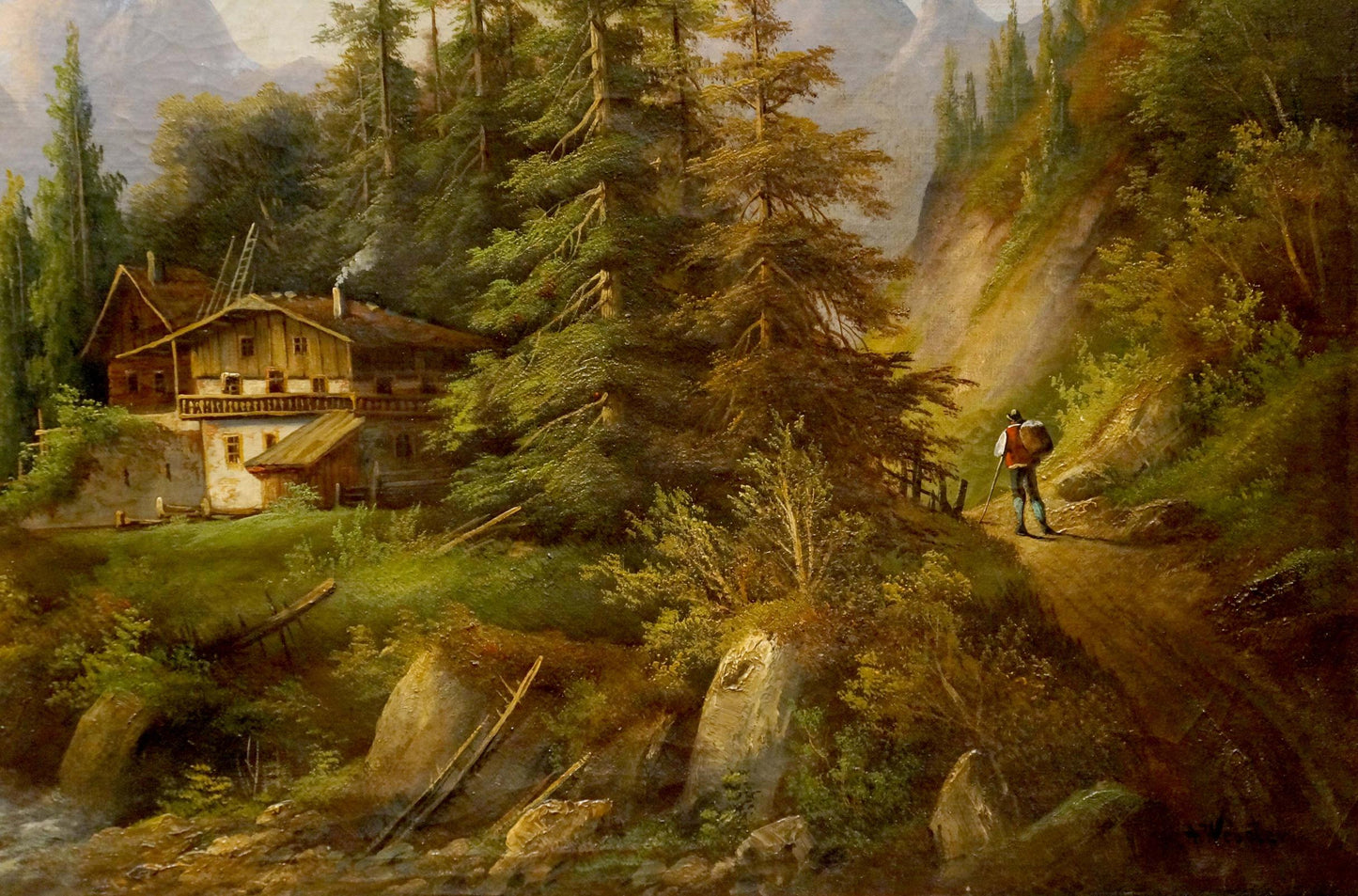 Oil painting of lonely rustic cabin in forest by A. Webster