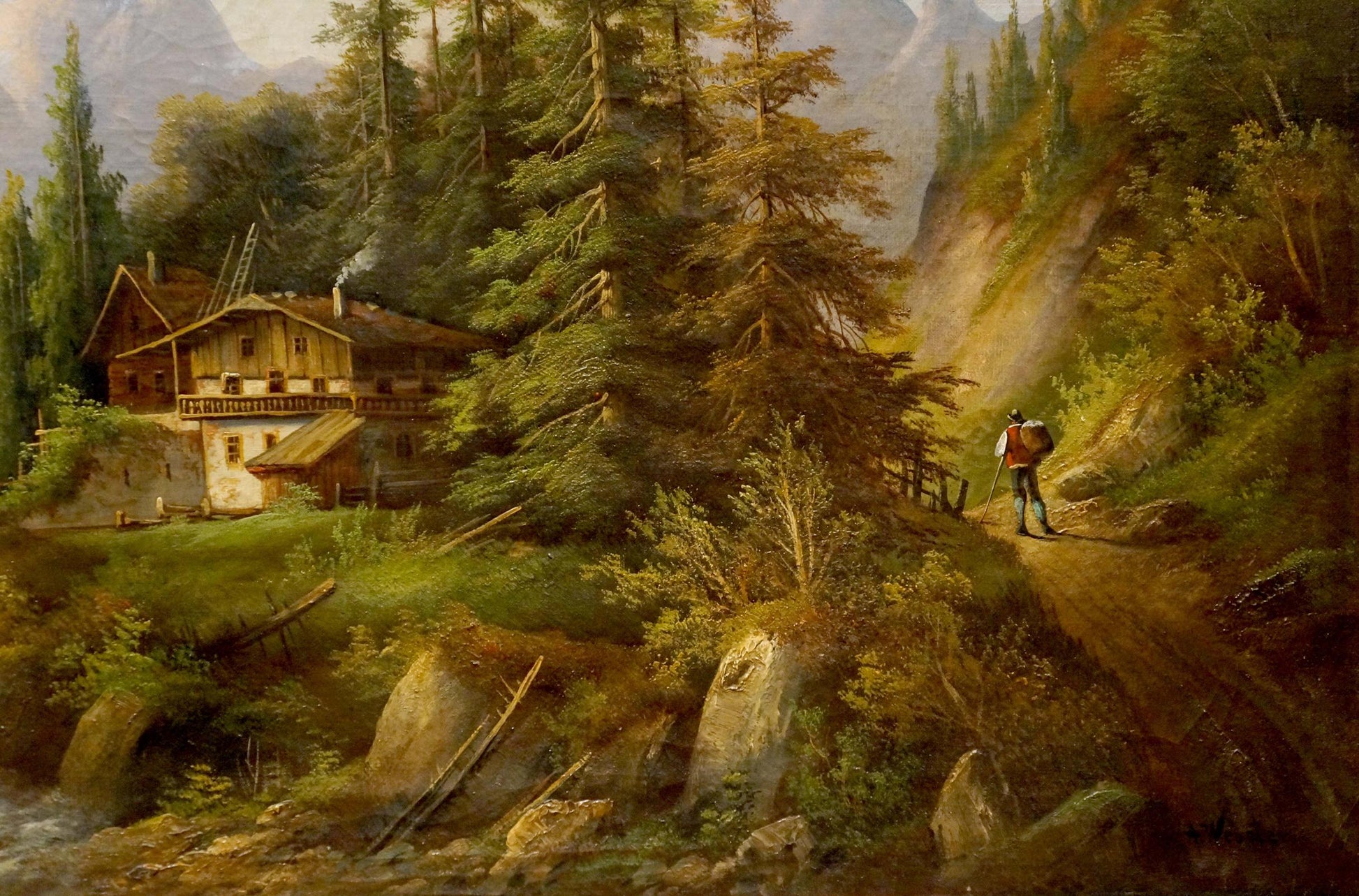 Oil painting of lonely rustic cabin in forest by A. Webster
