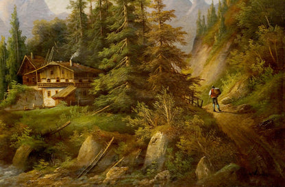 Oil painting of lonely rustic cabin in forest by A. Webster