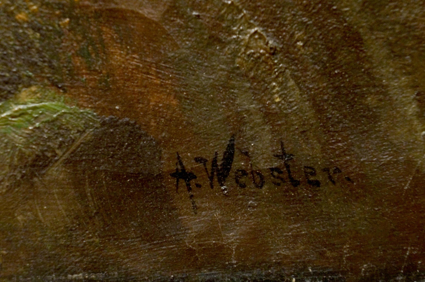 Back of oil painting Lonely house in the forest by A. Webster with black ink a. signature