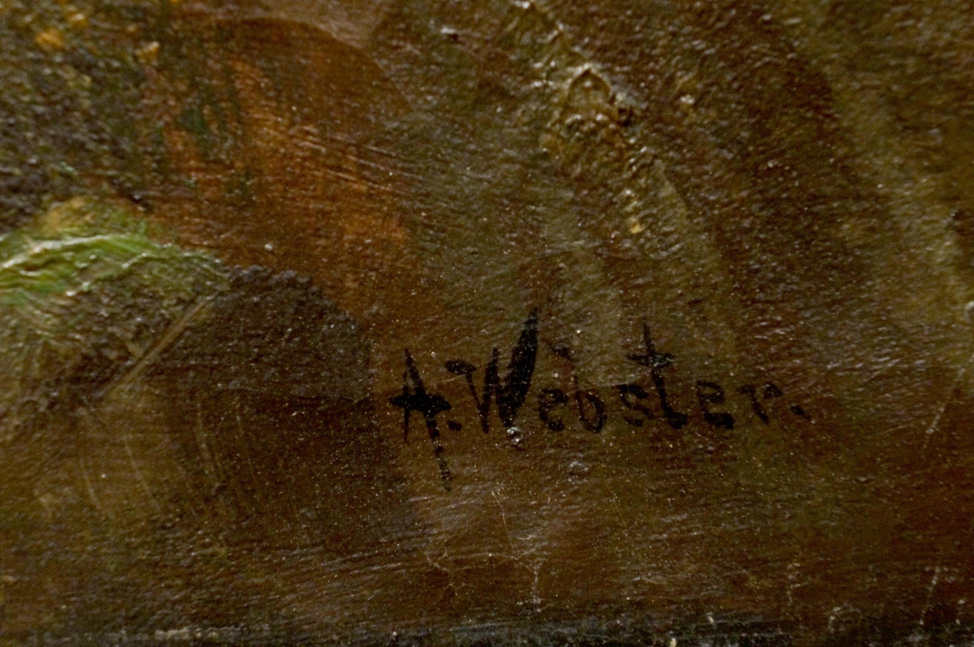 Back of oil painting Lonely house in the forest by A. Webster with black ink a. signature