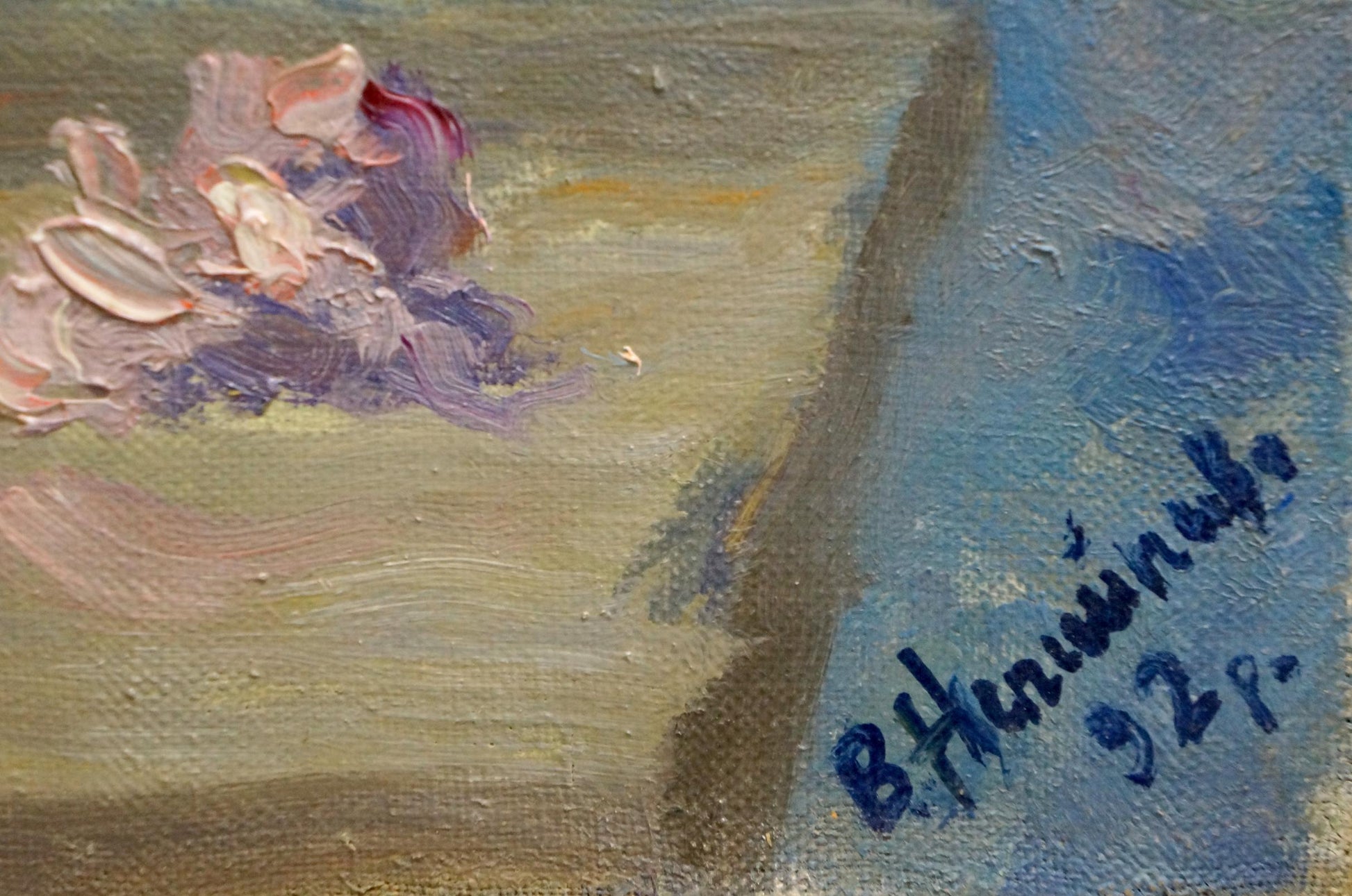 Textured oil painting of pink purple daisies by Vasily Ignatievich Nepiypivo signed b