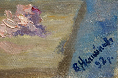 Textured oil painting of pink purple daisies by Vasily Ignatievich Nepiypivo signed b