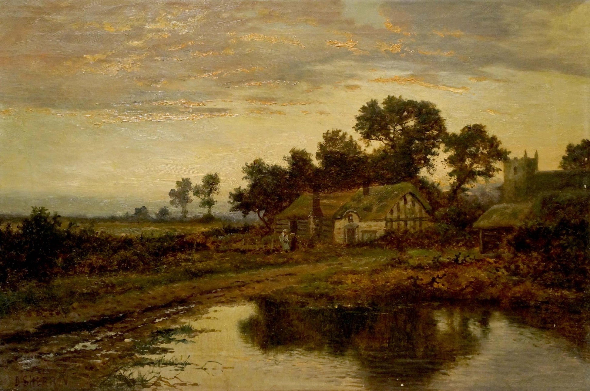 Oil painting Evening in the Village by B. Sherrin serene countryside scene