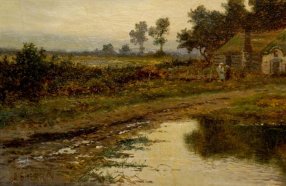 Oil painting Evening in the Village by B. Sherrin: rustic cabin in trees