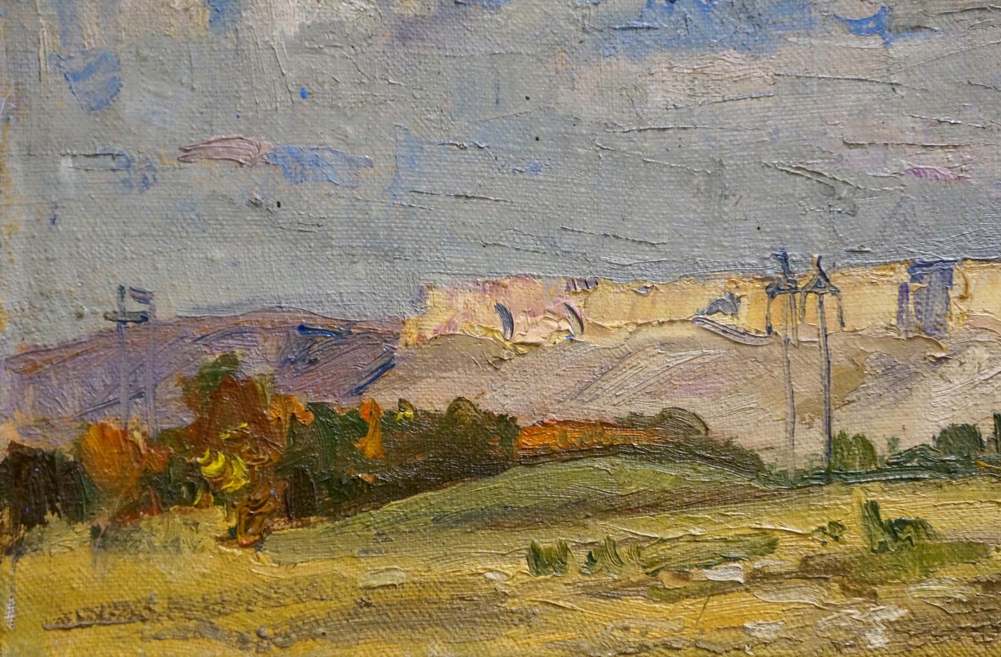 Oil painting landscape by Pozdeev Sergey: textured rural hills, autumn trees