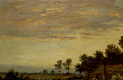 Oil painting Evening in the Village by B. Sherrin serene countryside scene