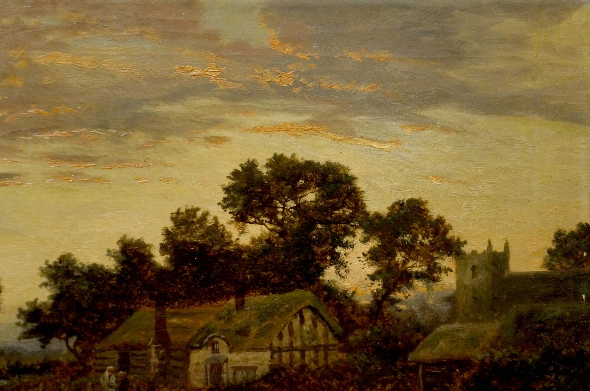 Oil painting Evening in the Village by B. Sherrin: rustic thatched cottage among trees at golden dusk