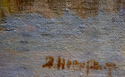 Textured canvas back with visible brushstrokes and faded reddish-brown signature by Nevkritiy Denis Nikiforovich, Oil painting A month over the forest