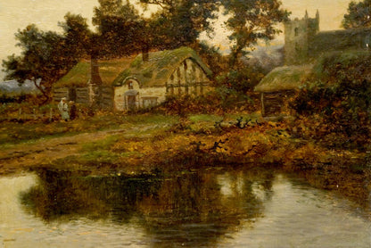 Oil painting Evening in the Village by B. Sherrin: rustic thatched cottage by pond