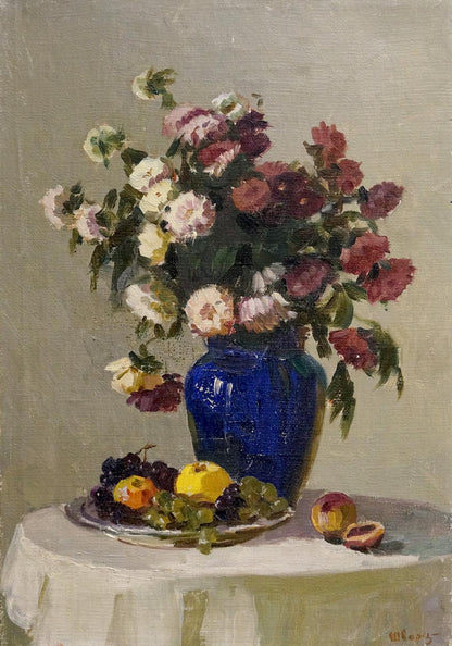 Oil painting of blue vase with pink, white, red flowers by Vyacheslav Shvarts