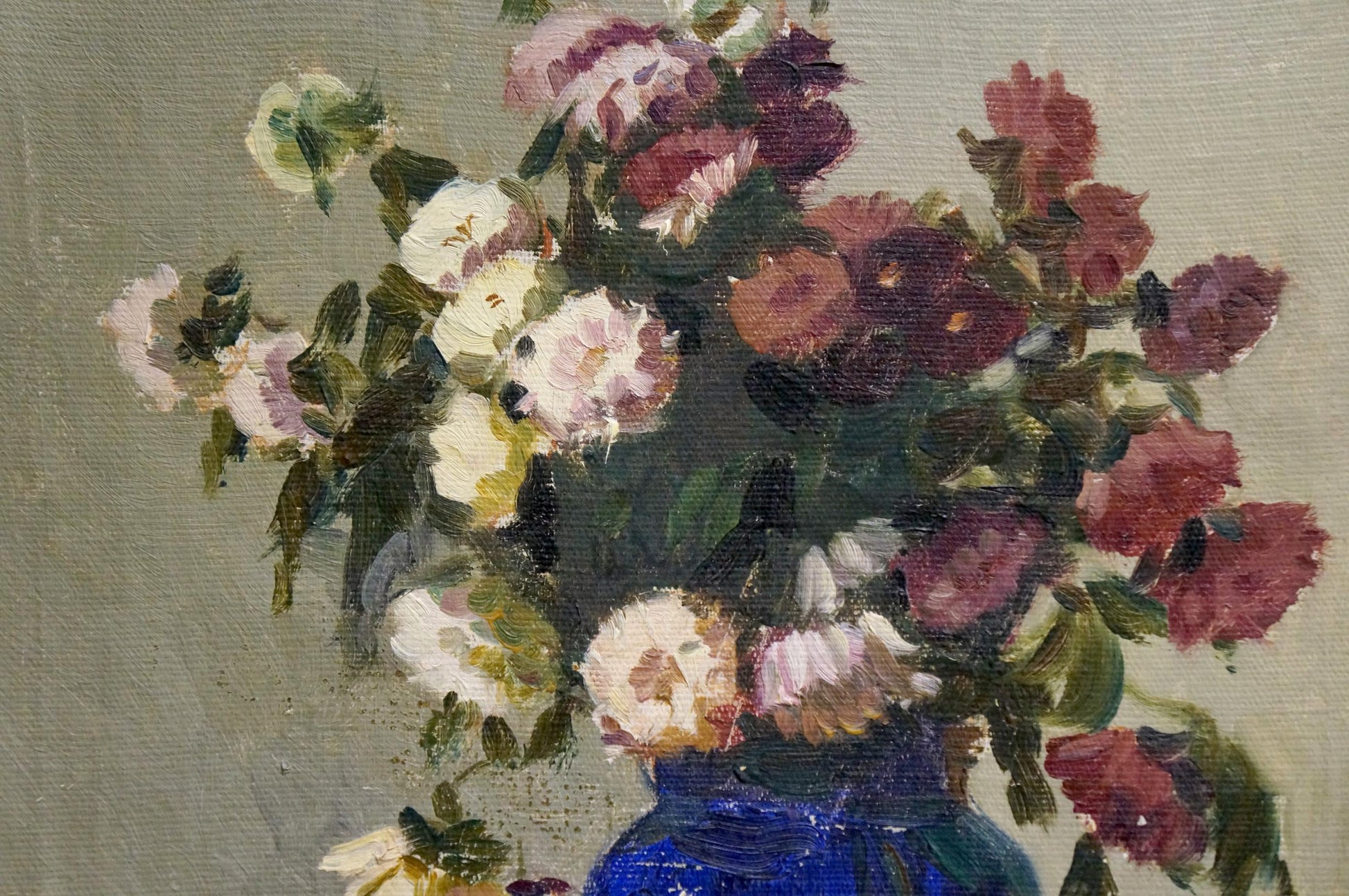 Oil painting of vibrant blue vase with pink, white, red flowers by Shvarts